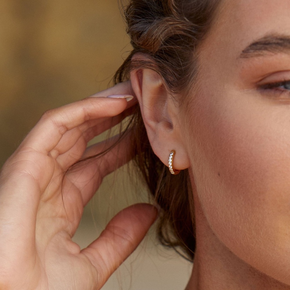 ATOLEA Tiny Gold Hoop Earrings with Crystal Bar - Picture 6 of 10